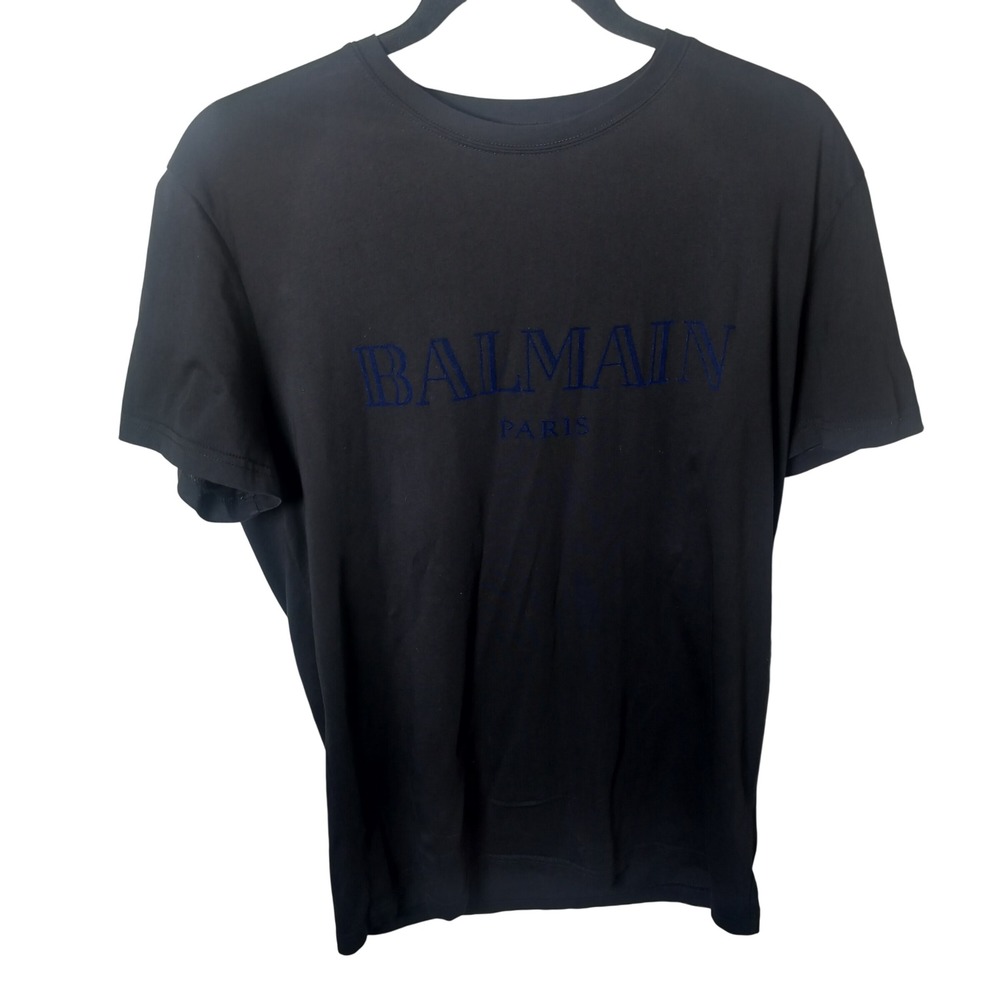 Balmain Paris Mens Embroidered Logo T-Shirt Black Cotton Size M‎ Short Sleeve